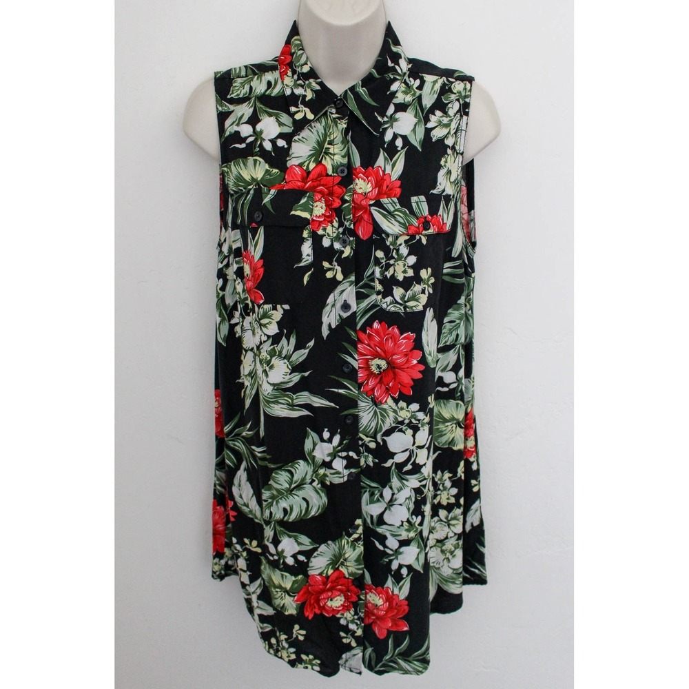 Denim & Supply Ralph Lauren Tunic Top Large Black Floral Button Up Sleeveless